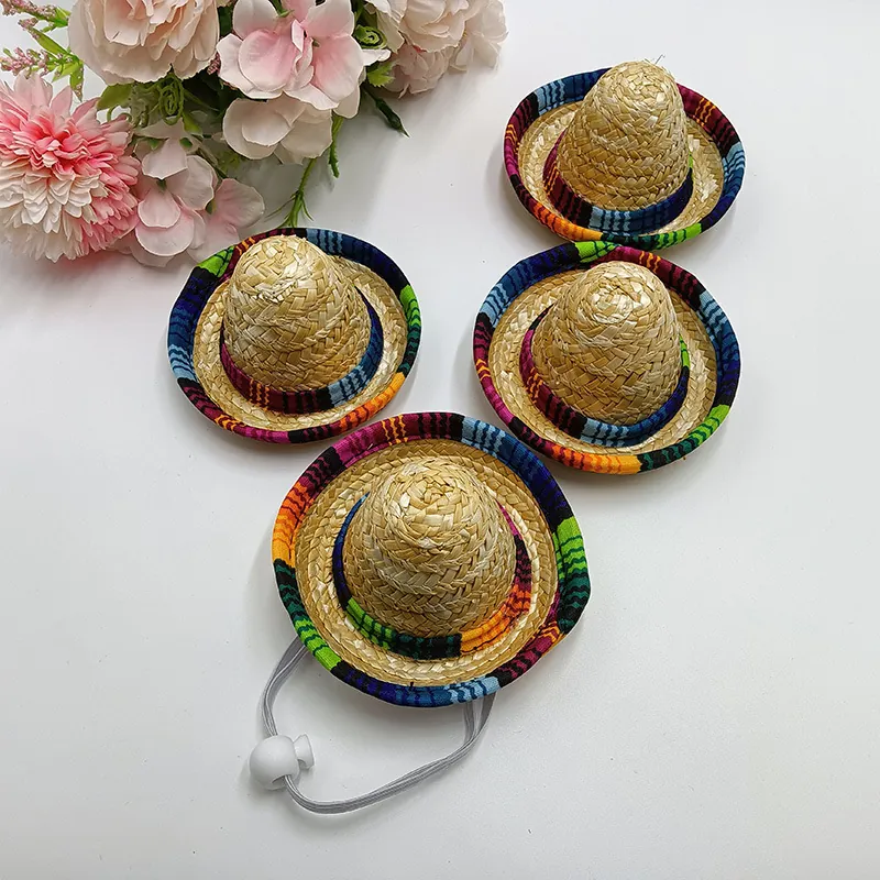 Mini Mexican Sombrero Pet Hat Natural Wheat Straw Hand Woven Festive Party Birthday Costume Accessories For Dogs Cats Puppy Dolls Decorative Hat