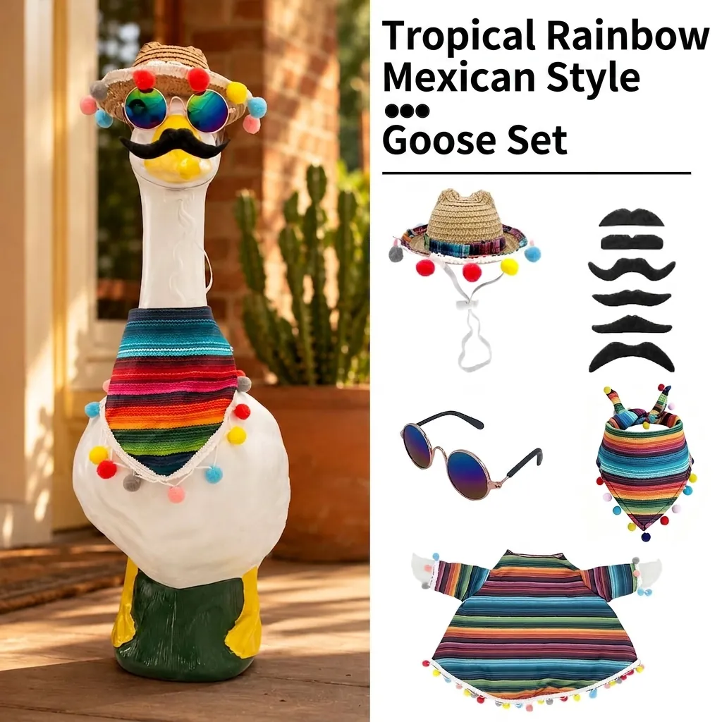 Ensemble de Déguisement Mexicain pour Oie de Porche Avec Pompons Sombrero en Paille Poncho Rayé Lunettes de Soleil Moustache pour Jardin