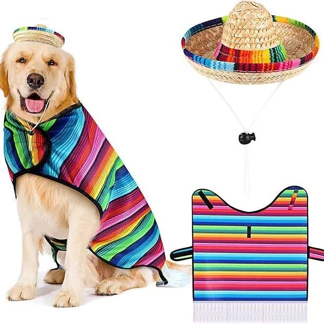 Mexican Pet Costume Set Rainbow Stripe Dog Sombrero Hat And Serape Poncho For Dogs Cats Festive Party Halloween Cloak Outfit