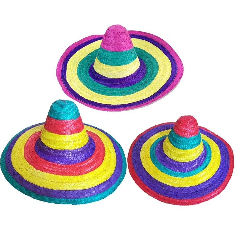 Chapeau Sombrero Mexicain Chapeau de Paille Tissé à Rayures Colorées pour Halloween Fête Déguisée Performance Adultes Hommes Chapeau à Large Bord
