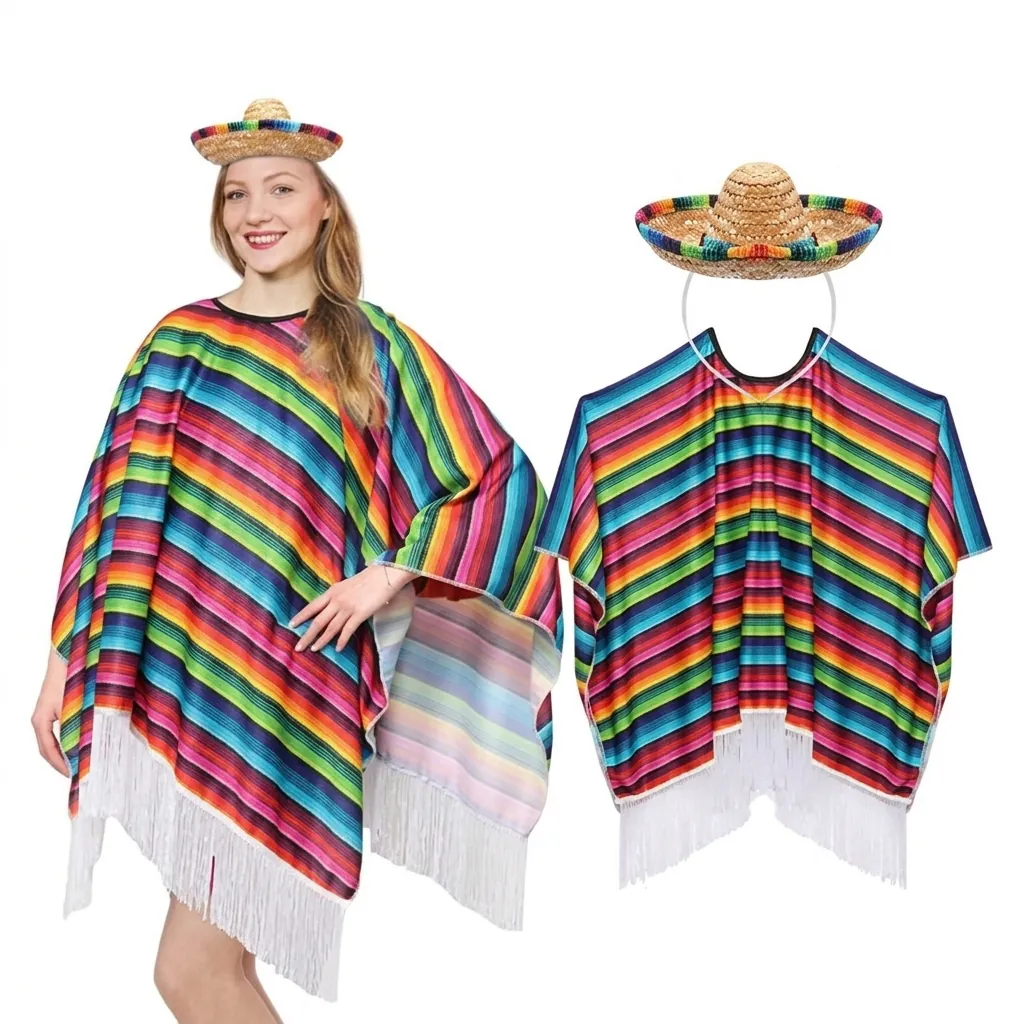 Mexican Fiesta Carnival Costume Set Colorful Striped Tassel Poncho Sombrero Hat Headband For Party Performance Accessories