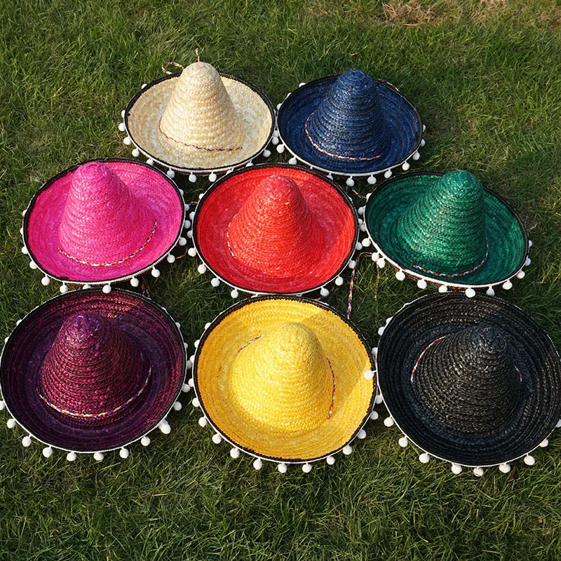 Mexican Sombrero Straw Hat For Kids Halloween Carnival Party Props Colorful Braided Rope White Pom Poms Costume Decor