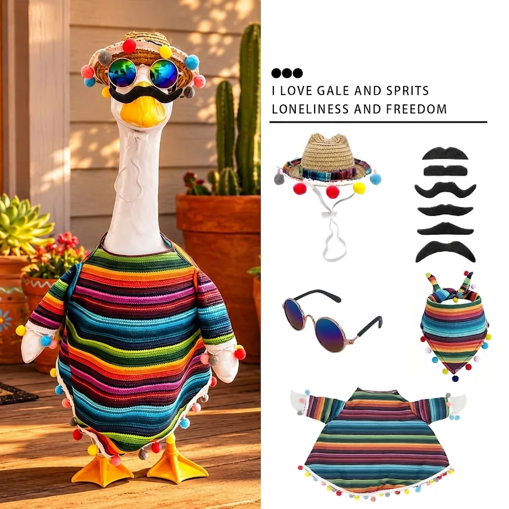 Porch Goose Mexican Costume Set Striped Serape Poncho Straw Hat Sunglasses Moustache Yard Garden Decor Festive Ornament Accessory