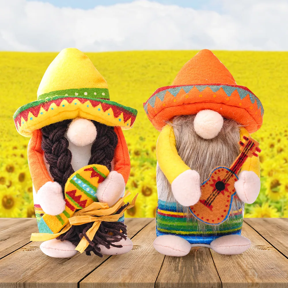 Mexican Fiesta Carnival Gnome Plush Decor Sombrero Hat Faceless Doll With Guitar Maracas Striped Handmade Gnome Ornament For Party Home Decor