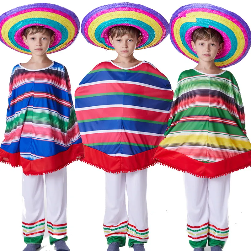 Kids Boys Mexican Poncho Costume Halloween Cosplay Striped Ethnic Top And Bottom Acetate Polyester Performance Outfit