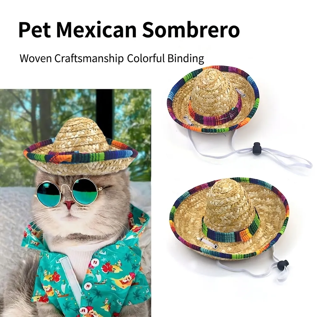 Haustier Mexikanischer Strohhut Mini Sombrero Für Hunde Und Katzen Gewebter Sonnenhut Mit Verstellbarem Riemen Bunter Besatz Dekorativer Hut