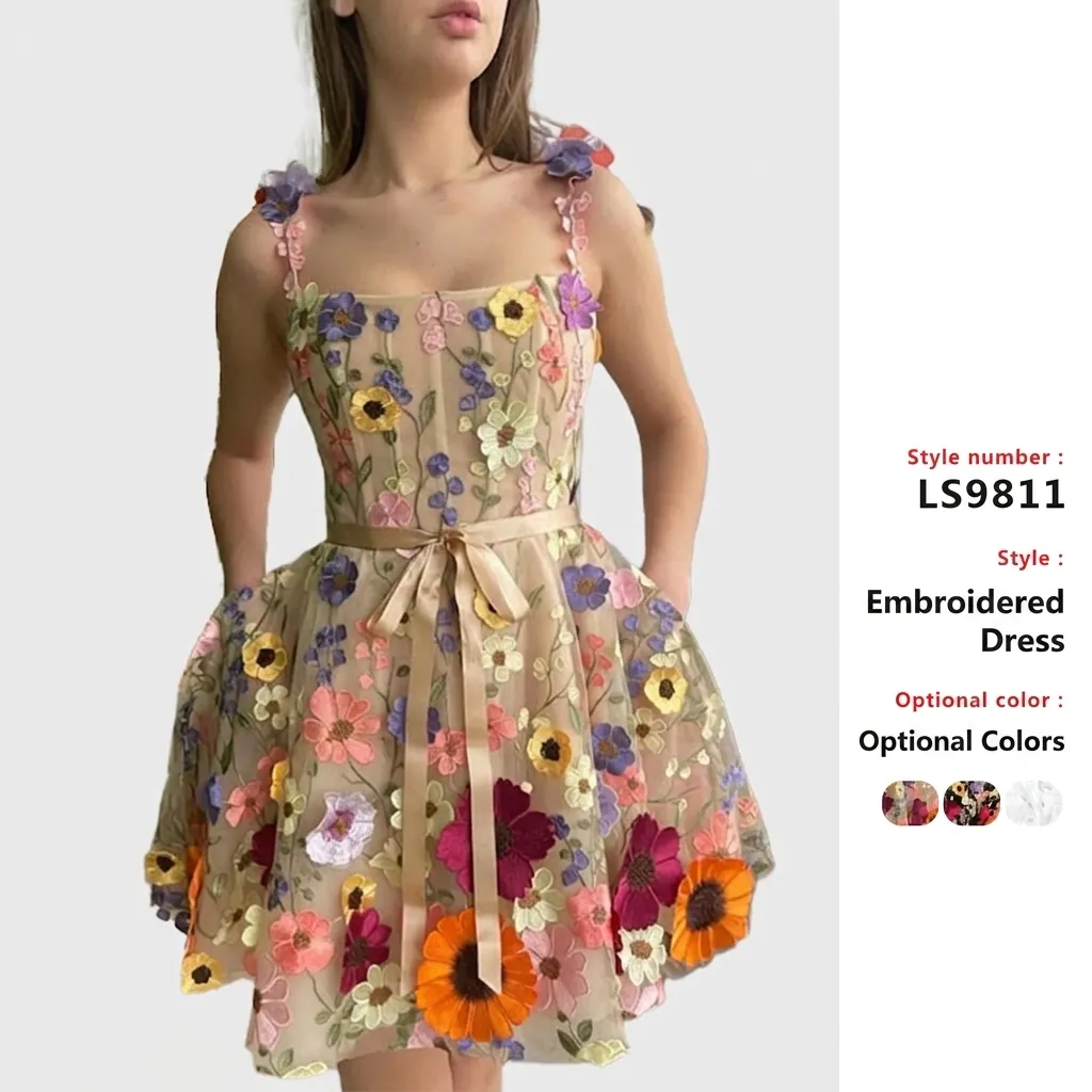 Robe Courte Moulante à Broderie Florale 3D pour Femmes à Fines Bretelles Sexy Robe de Soirée avec Ceinture Robe de Cocktail