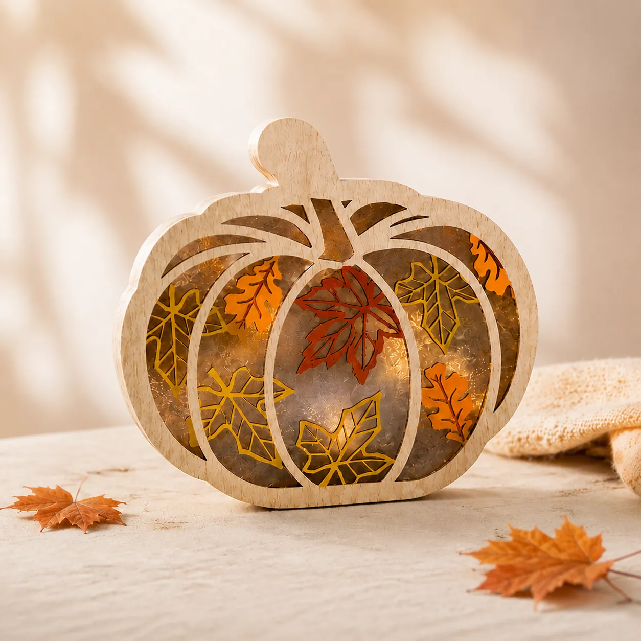 Thanksgiving Wooden Pumpkin LED Decoration Fall Harvest Festival Maple Leaf Hollow Ornament Home Desktop Sign Decor