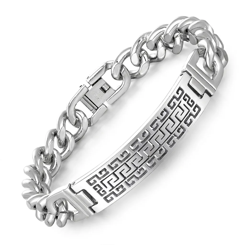 Men Stainless Steel Cuban Link Bracelet Hollow Greek Key Curved Plate Gold Silver Electroplated Trendy Personalized Jewelry