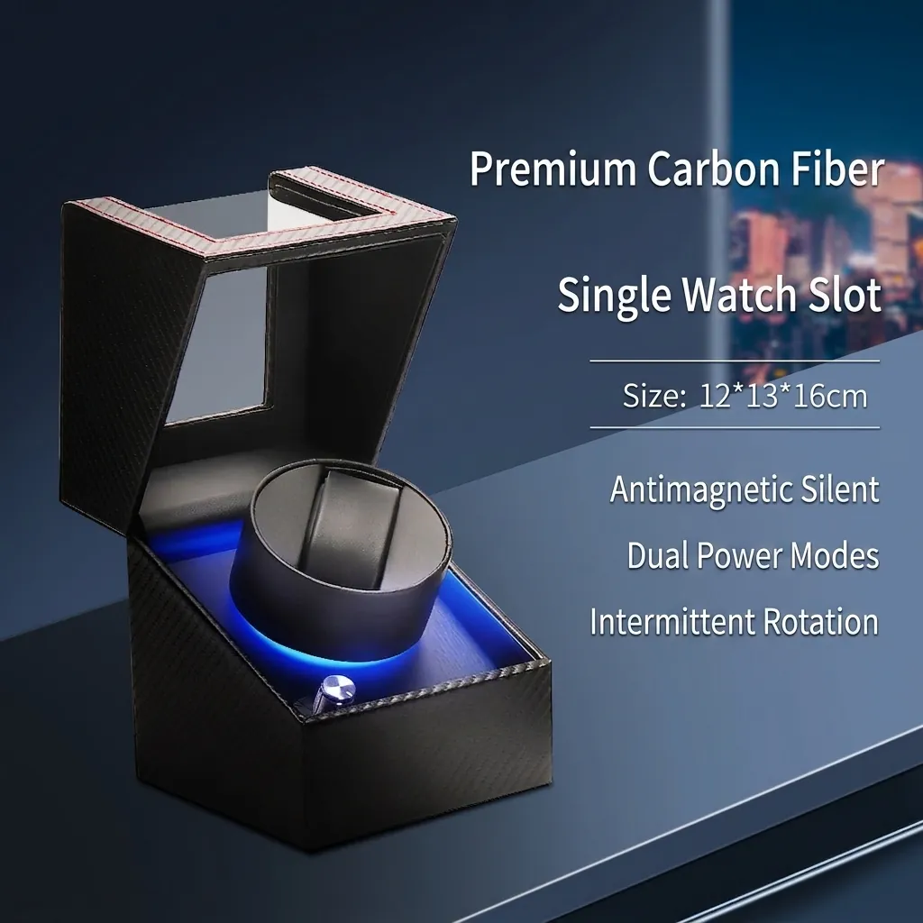 Rotor de Reloj Individual Automático para Relojes Mecánicos con Motor Silencioso Mabuchi Cuero PU Caja de Fibra de Carbono con LED