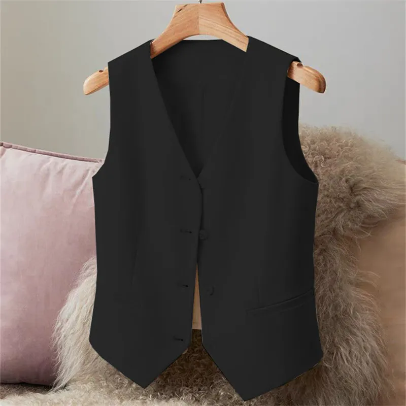 Women Suit Vest Waistcoat Polyester V-Neck Single Breasted Sleeveless Slim Fit Short Top For Office Casual Layering Wear