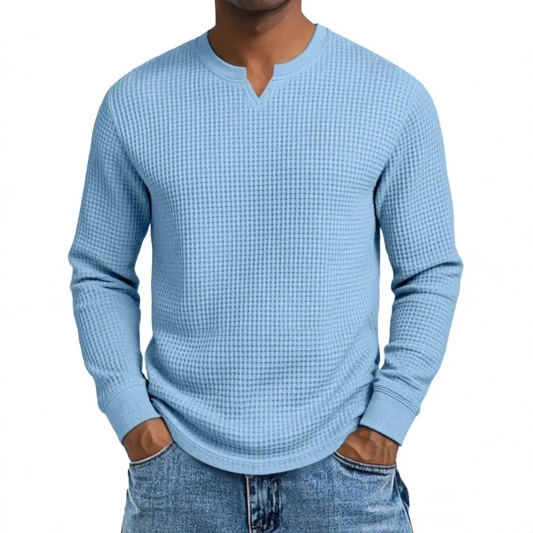 Men Casual Polyester Waffle Knit Top Slim Fit Long Sleeve V-Neck Shirt Solid Color Sporty Base Layer Top For Men
