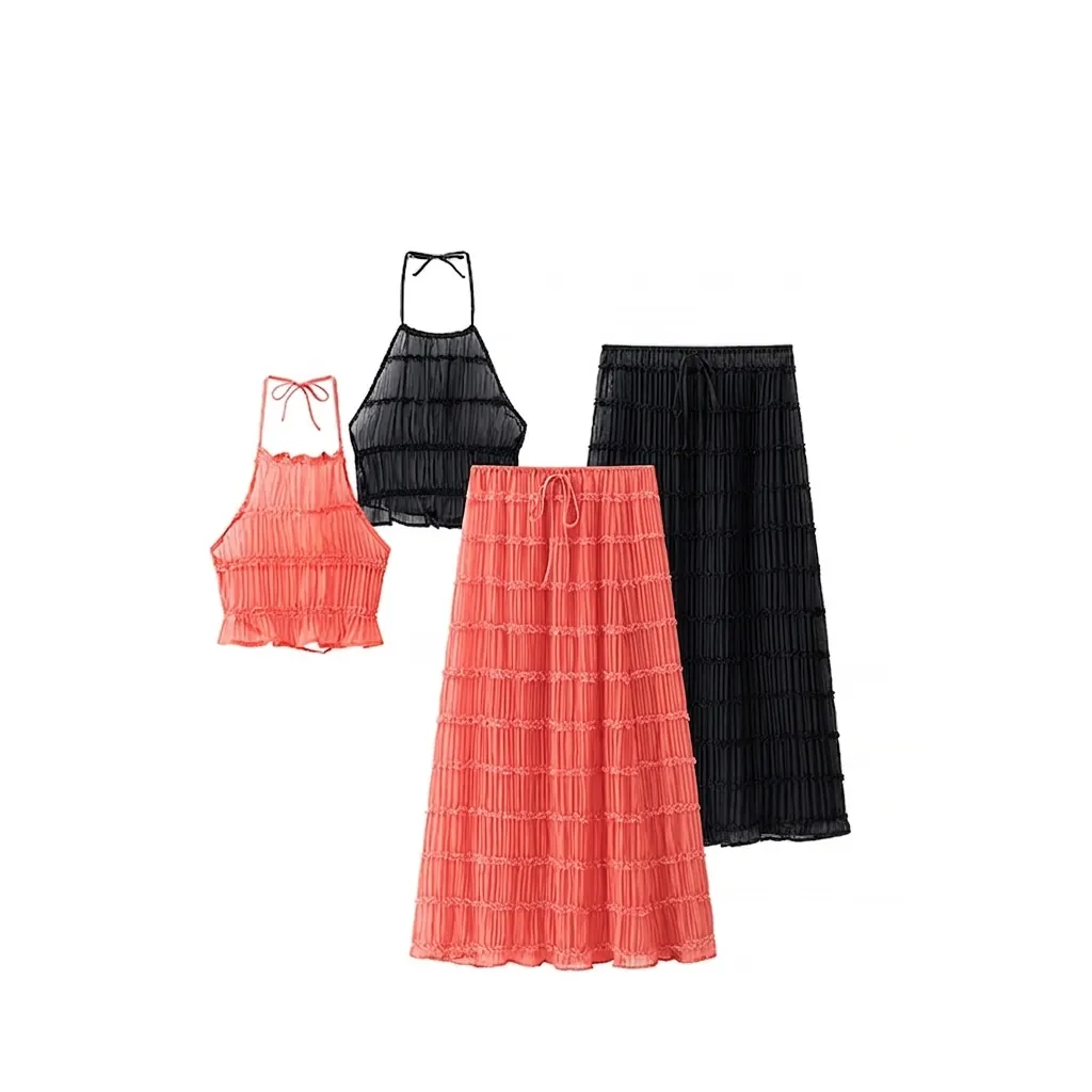 Completo Elegante Donna Estivo con Top all'Americana in Cotone Plissettato e Gonna Midi Increspata Schiena Scoperta