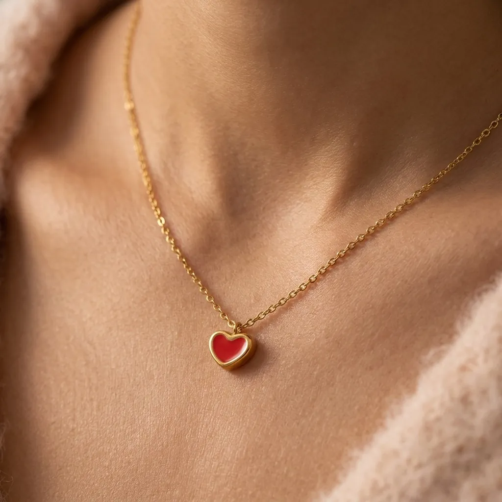 Herz Halskette Und Ohrstecker Schmuck Edelstahl Roter Emaille Französischer Romantischer Stil Hypoallergen Für Damen