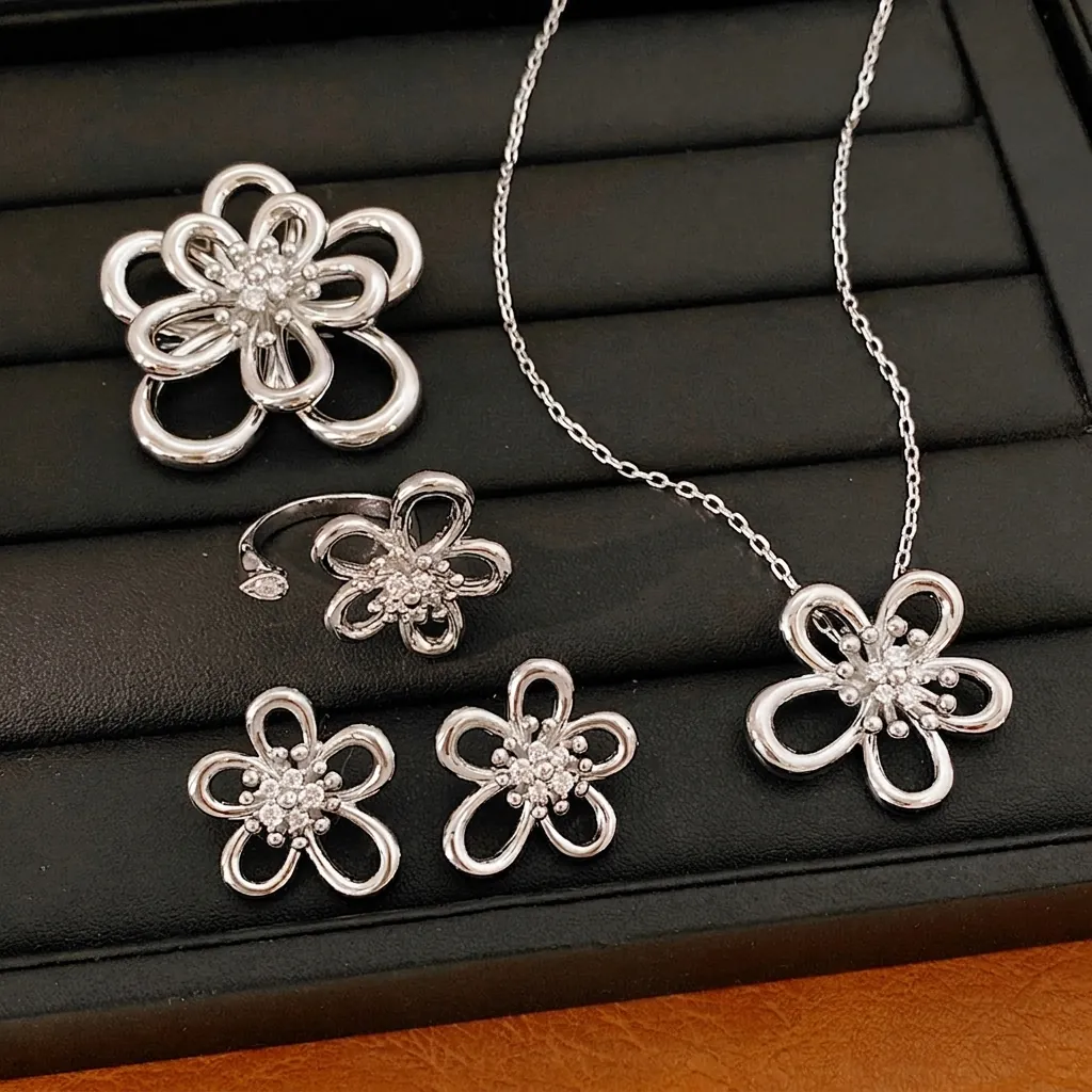 Collana in Zirconia a Fiore Cavo Placcata Oro 18k Orecchini Anello Spilla Elegante Pendente Floreale Gioielli Donna Accessori