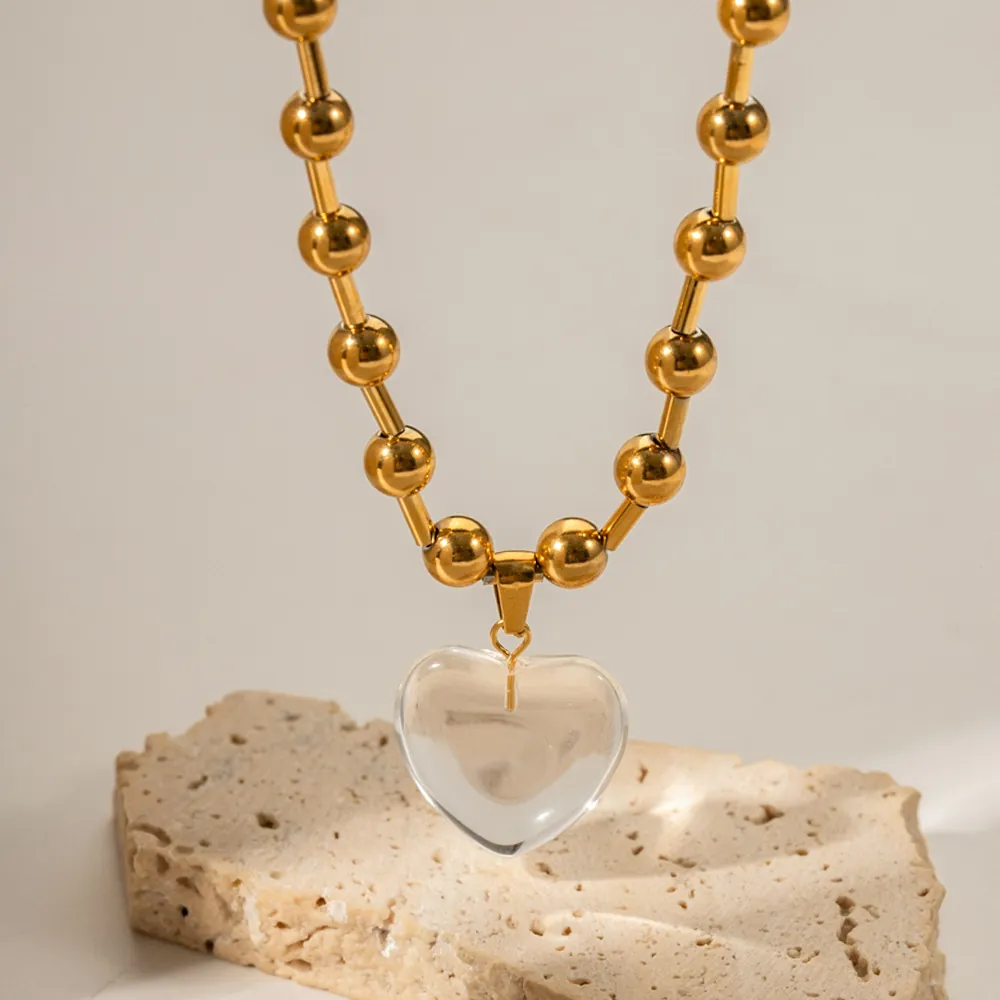 Collier Pendentif Cœur en Acier Inoxydable Plaqué Or 18K pour Femme Élégante Chaîne à Billes en Cristal de Verre Bijoux de Mode INS