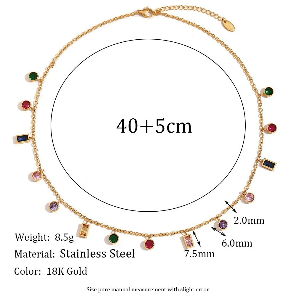 Fashion 18K Gold Plated Stainless Steel Geometric Colorful Zirconia Necklace Round Rectangular Pendant For Women Jewelry Gift