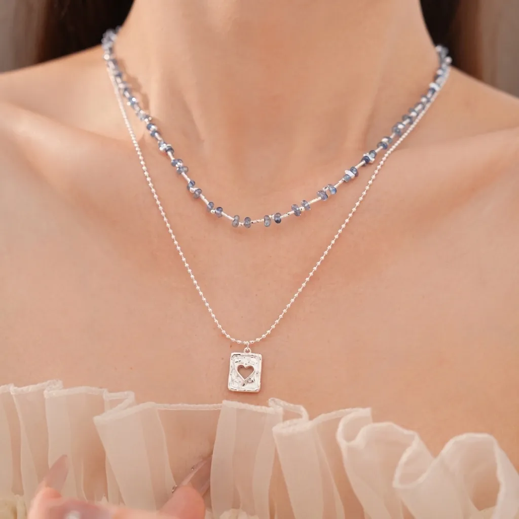 Dubbellaagse Ketting Met Steenkralen En Hart Hanger Vrouwen Vintage Niche Koper Zirconia Hematiet Sleutelbeenhalsketting Sieraden