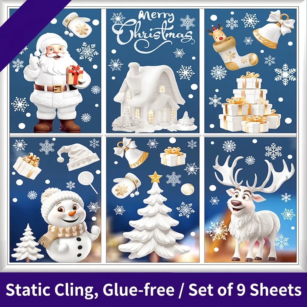 Christmas Window Clings PVC Static Film Double Sided Santa Snowman Reindeer Snowflake Glass Decal Home Holiday Decor
