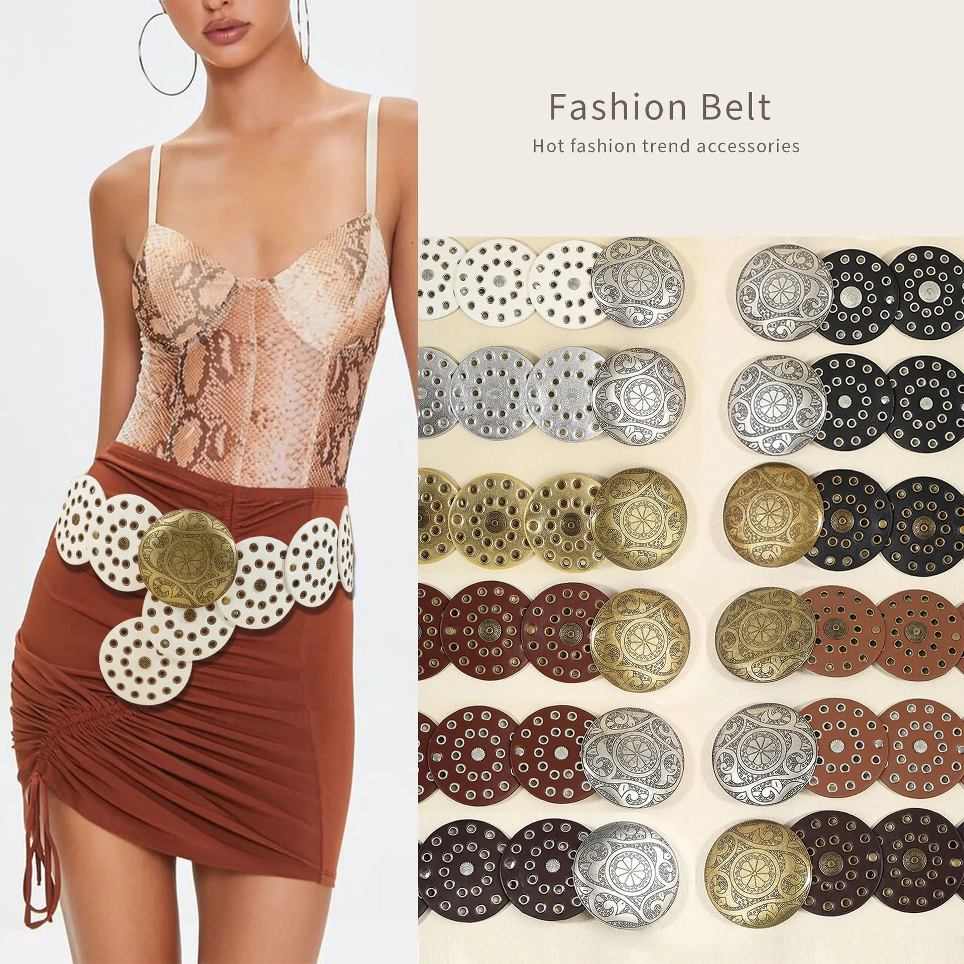 Women Vintage Bohemian Wide Belt With Large Round Metal Buckle PU Leather Hollow Out Embossed Decorative Waist Cincher