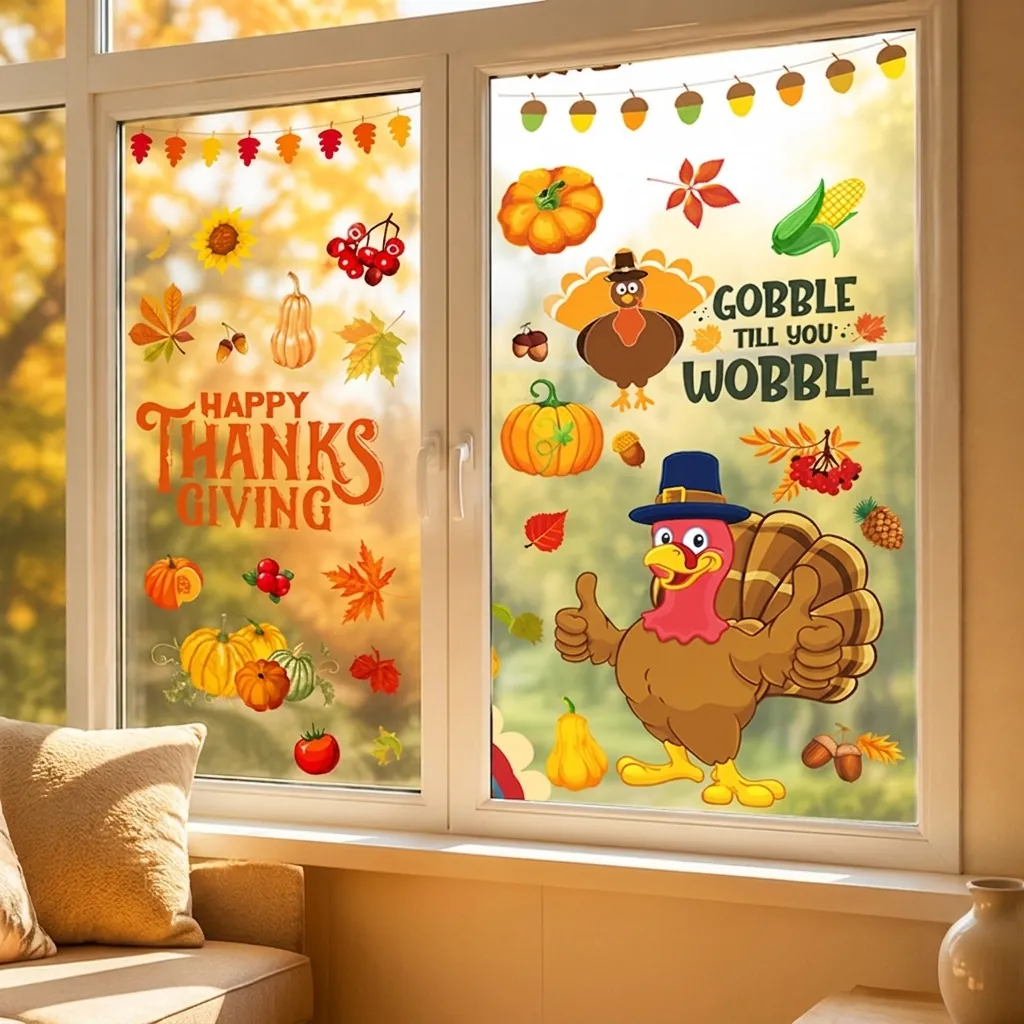 Thanksgiving Window Clings Autumn Static Stickers Turkey Pumpkin Maple Leaf Double Sided Reusable Glass Decors