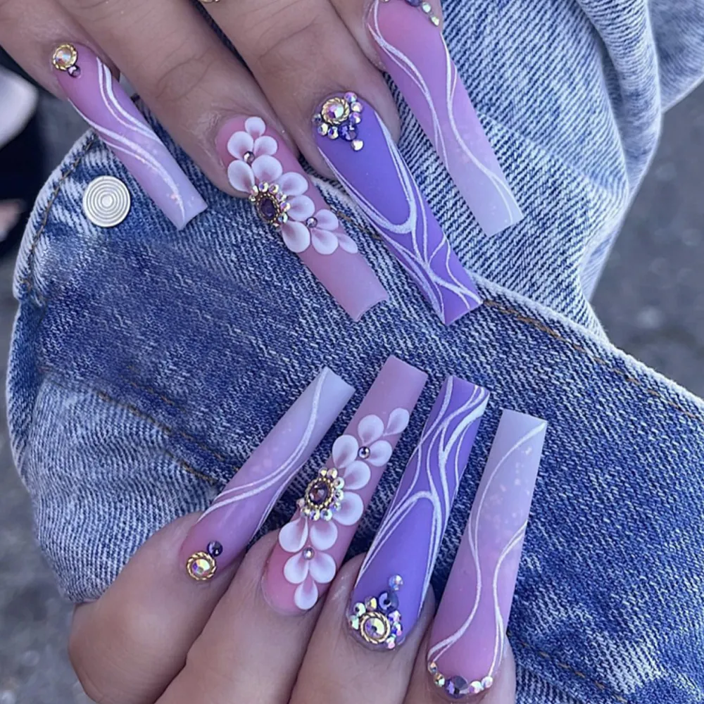 Taro Purple Plaid Press On Nails Long Coffin Fake Nails With 3D Flower Rhinestone Design Handmade Artificial Nails For Women