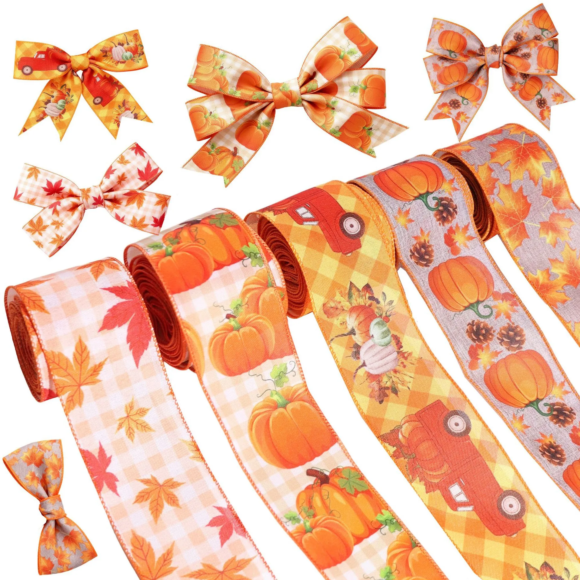 Thanksgiving Autumn Harvest Decorative Ribbon Pumpkin Truck Maple Leaf Plaid Polyester Wired Edge Ribbon For Gift Wrapping DIY Craft Decor