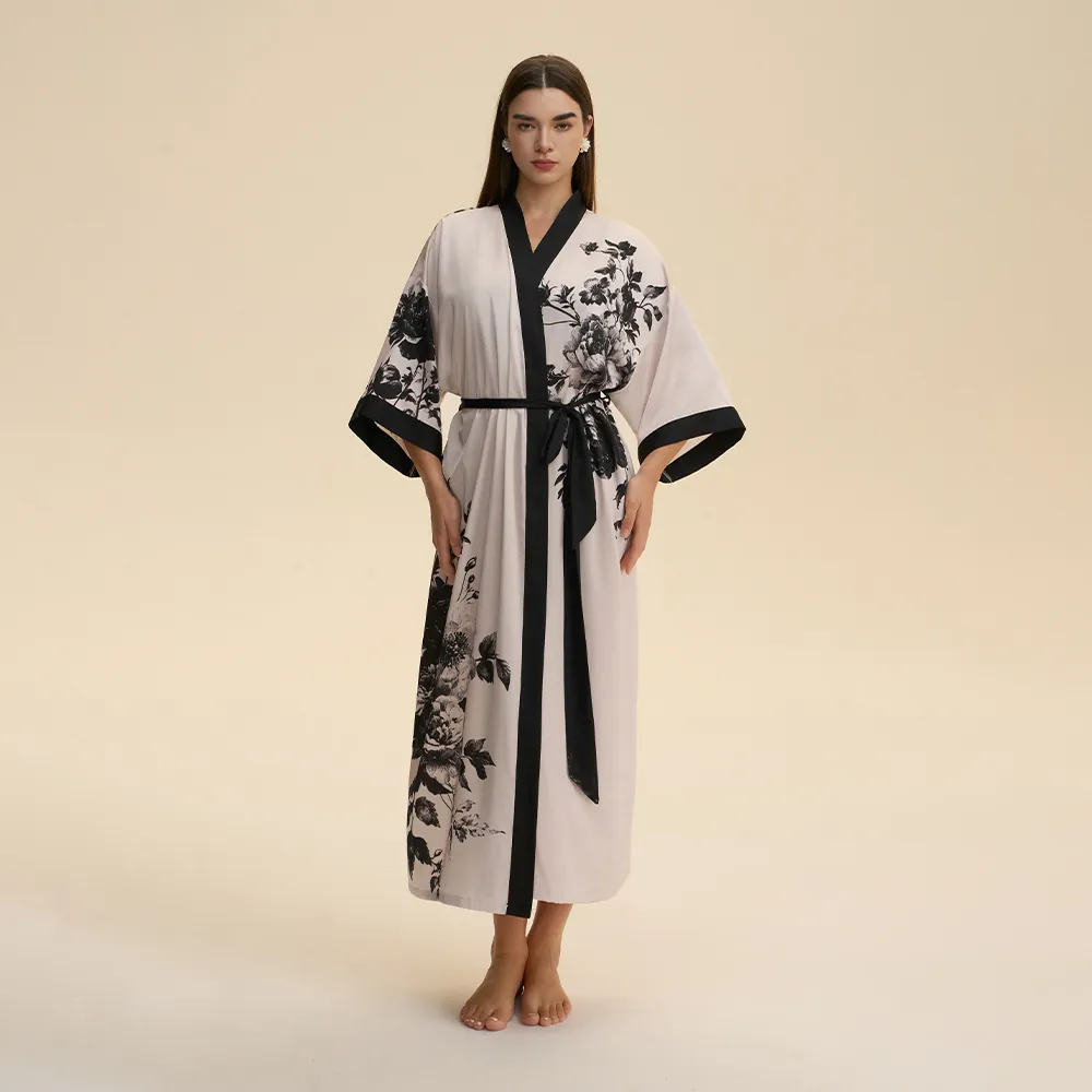 Women's Satin Kimono Robe Long Sleeve Floral Print V-Neck Nightgown With Belt Luxurious Loungewear Bathrobe For Home Spa