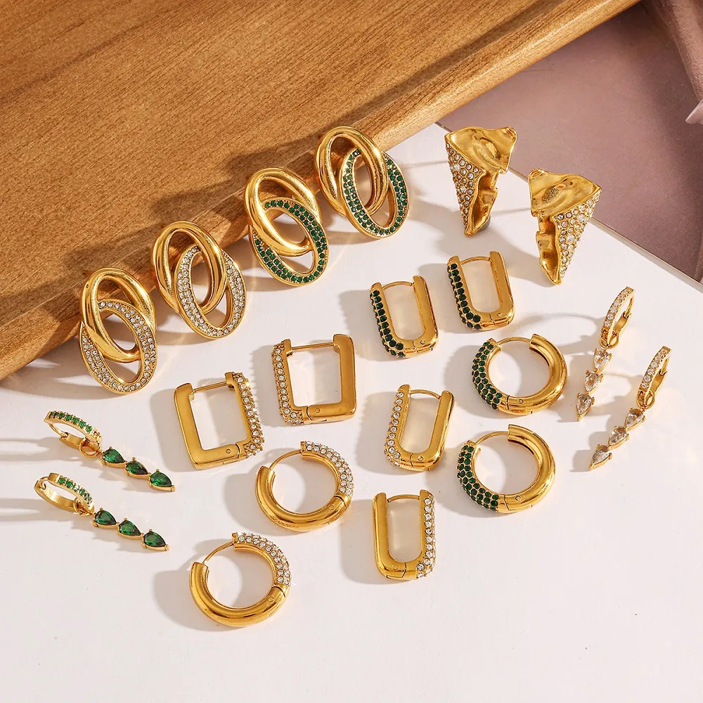 Vintage Stainless Steel 18K Gold Plated Rhinestone Hoop Earrings For Women Geometric Round Green Stone Drop Earrings Jewelry