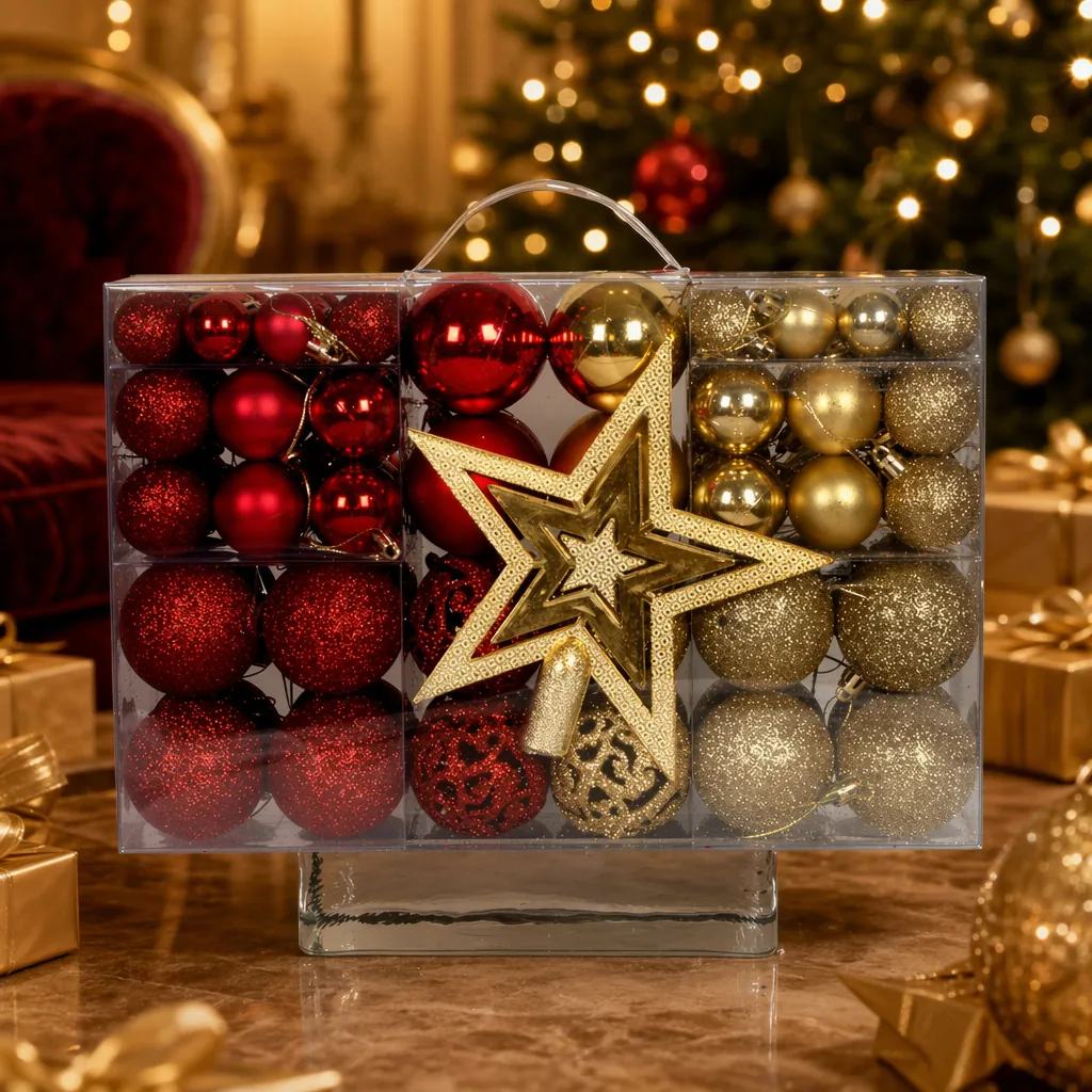 Plastic Christmas Ball Ornaments Set With Star Tree Topper Shiny Matte Glitter Hollow Hanging Decorations For Holiday Party Tree Decor