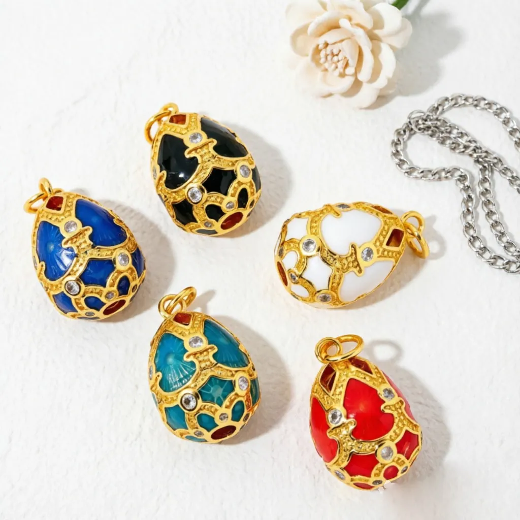 Russian Style Egg Pendants Copper Enamel Painted Floral Zircon Jewelry Making Charm For DIY Necklace Bracelet