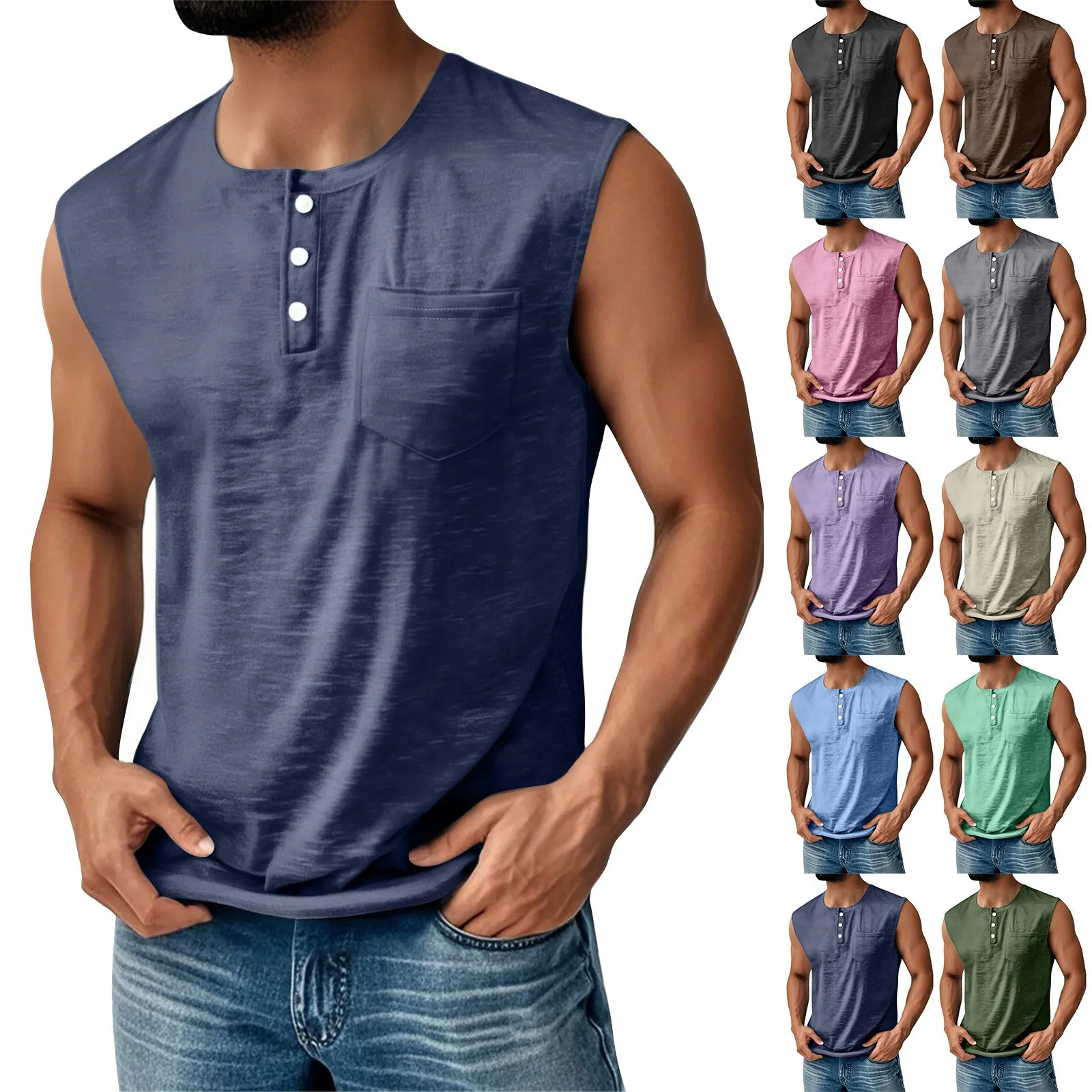 Canotta da Uomo Senza Maniche Scollo Henley in Misto Cotone Poliestere con Bottoni Gilet Sportivo Casual Largo Parte Superiore con Tasca