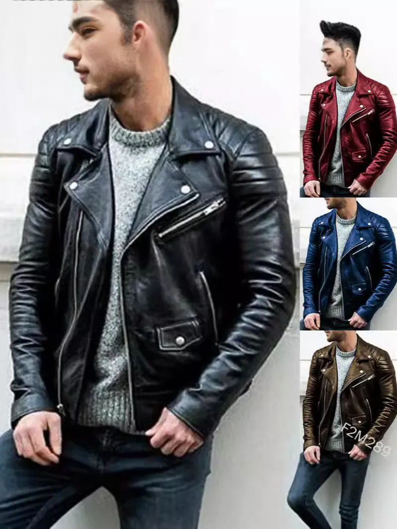 Men's Punk PU Faux Leather Motorcycle Jacket Stand Collar Quilted Biker Jacket Plus Size Loose Fit Autumn Outerwear Top