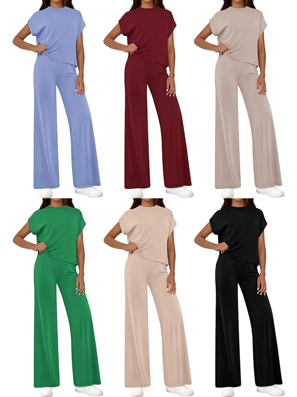 Women Casual 2 Piece Top And Bottom Short Sleeve Round Neck T-Shirt High Waist Wide Leg Pants Solid Color Loose Fashion Summer Outfit