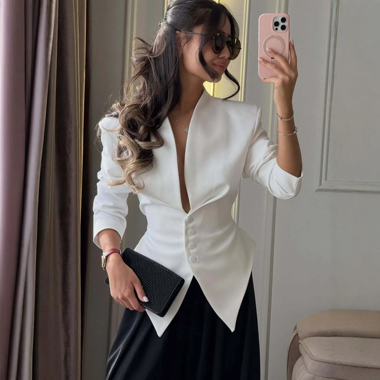 Women Slim Fit Polyester Blazer Sexy V-Neck Long Sleeve Waist-Tie Suit Jacket Fashion Office Workwear Solid Color Top