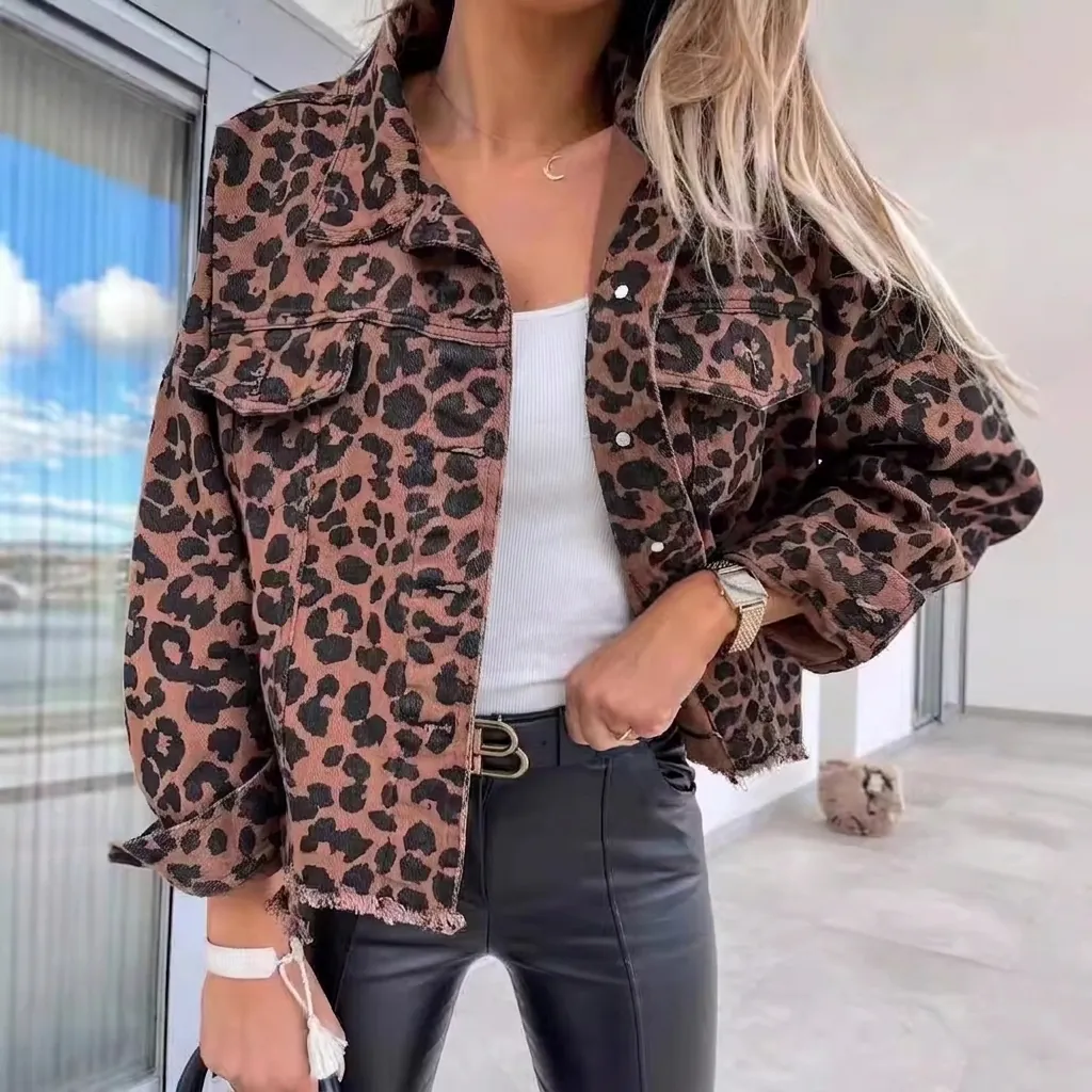 Women Leopard Print Denim Jacket Loose Casual Distressed Frayed Hem Short Coat Button Down Long Sleeve Top Cotton Blend Outerwear