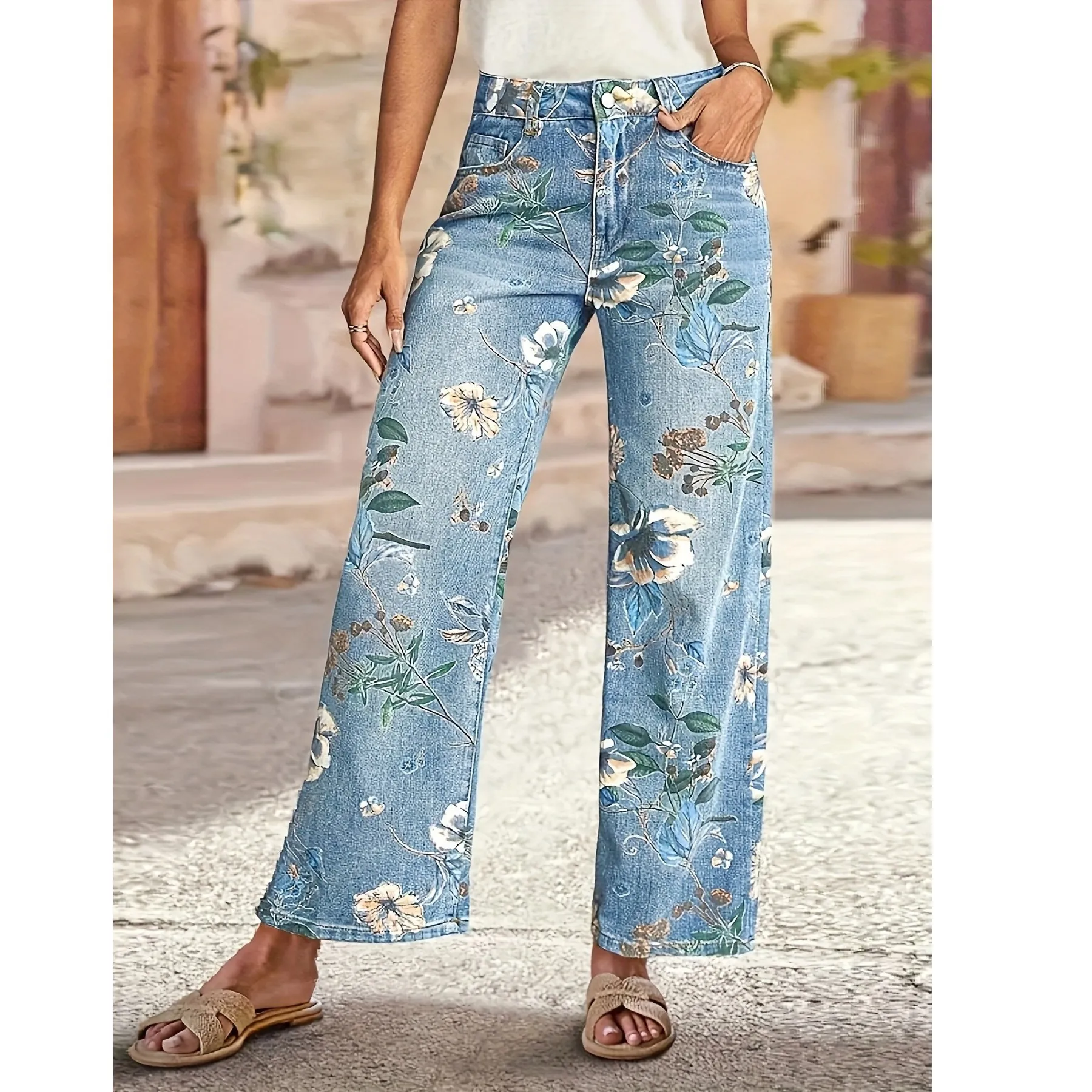 Damen Blumenmuster Jeans Mit Geradem Bein Baumwollmischung Hohe Taille Denim Hose Casual Retro Unterteil Für Damen Blau