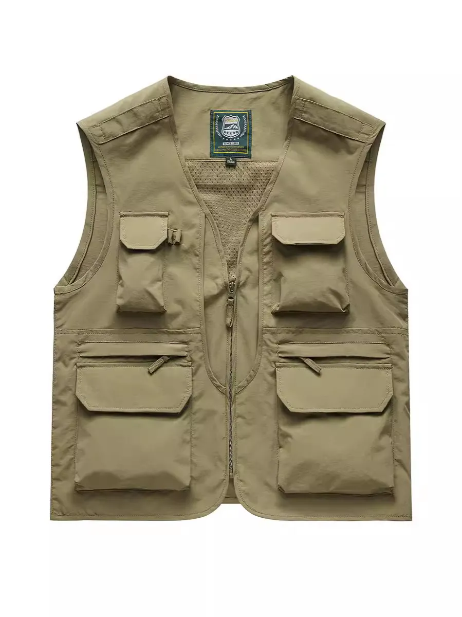 Gilet Utilitaire Multi-poches Homme Extérieur Mince Respirant Col en V Fermeture Éclair Pêche Photographie Gilet Tactique Haut Large