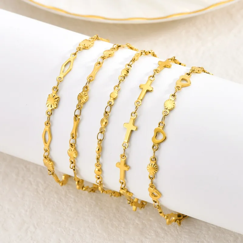 Gold Stainless Steel Heart Cross Star Geometric Chain Bracelet For Women Adjustable Minimalist Fashion Jewelry Gift