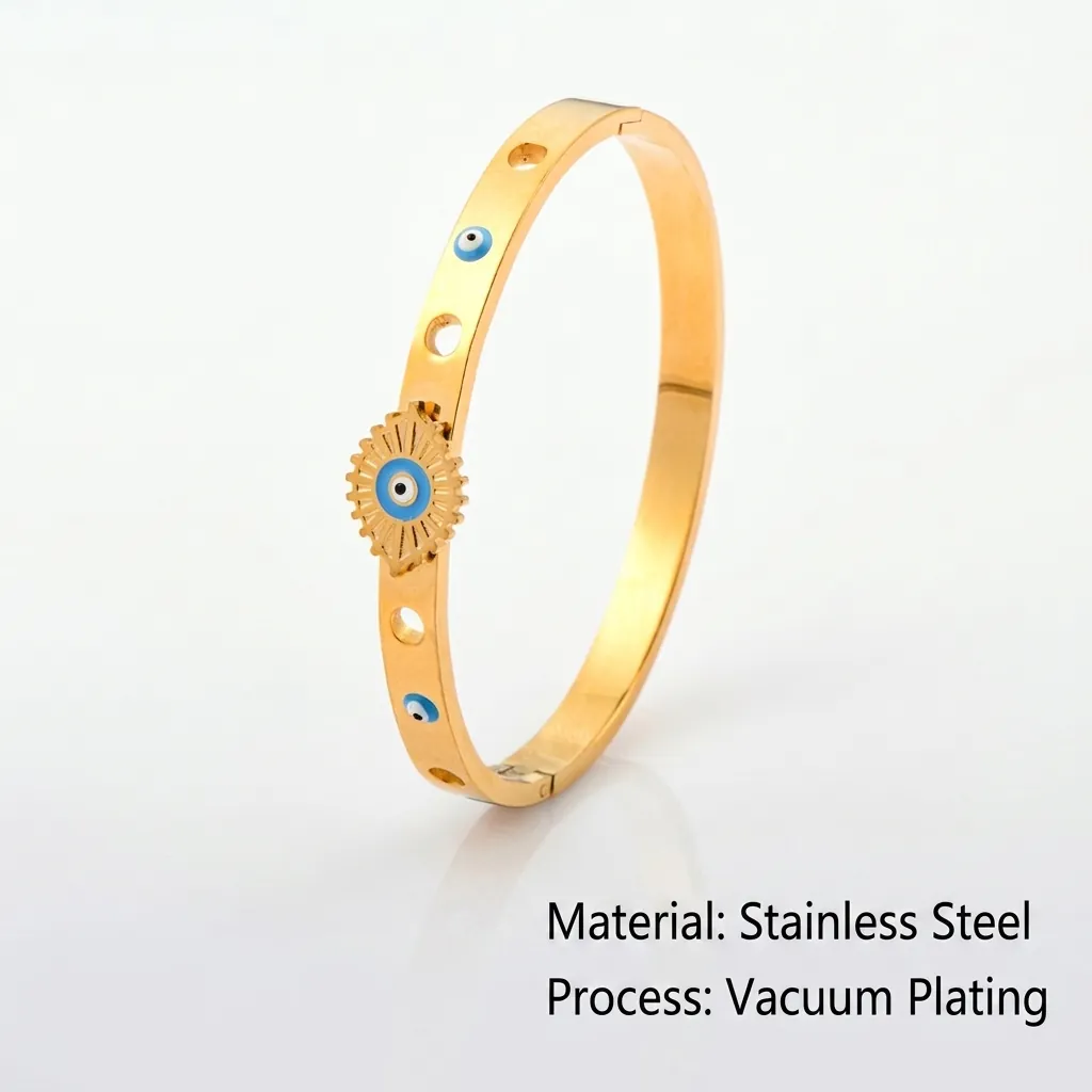 Bracciale Rigido Malocchio in Acciaio al Titanio da Donna Galvanico Oro Strass Cavo Geometrico Gioielli Boho di Moda