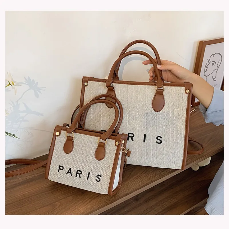 Women Large Capacity Canvas Tote Bag PARIS Letter Print Splicing Leather Handbag Fashion Casual Shoulder Crossbody Bag For Daily Commute