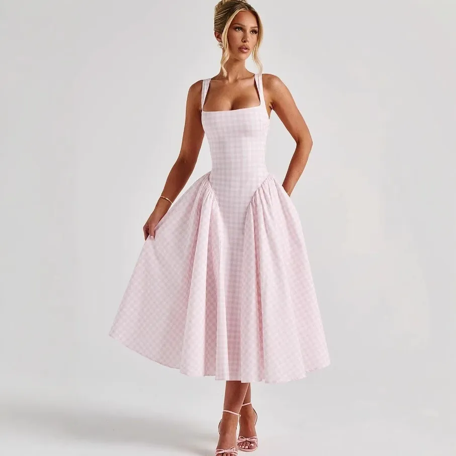 French Style Gingham Cami Dress Women Summer Square Neck High Waist A-Line Plaid Midi Dress Seaside Vacation Sleeveless
