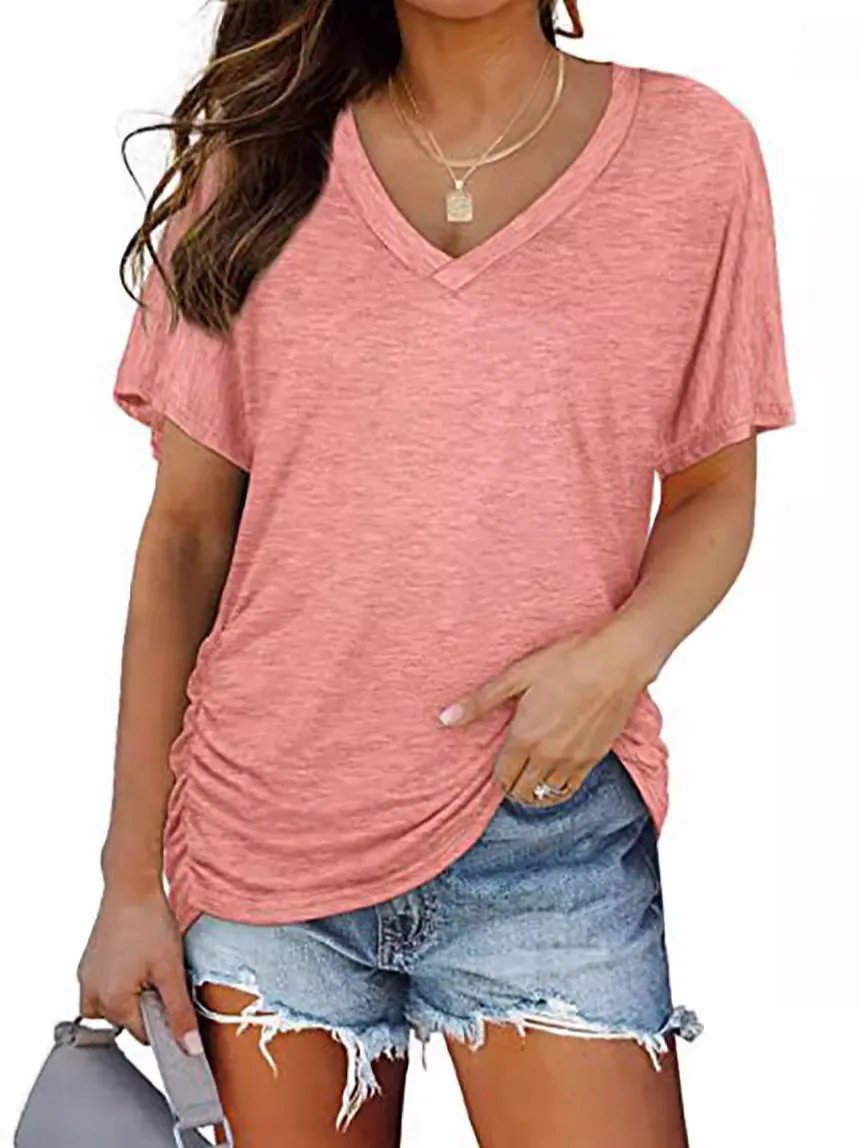 Women's Casual V Neck Ruched Short Sleeve T-Shirt Loose Solid Color Polyester Summer Basic Tee Top