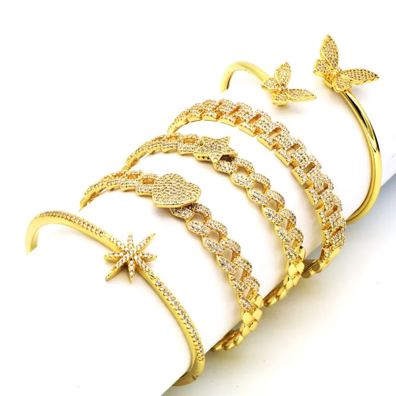 Fashion Copper Rhinestone Open Bangle For Women Heart Star Butterfly Hexagram Gold Plated Adjustable Luxury Jewelry Bracelet
