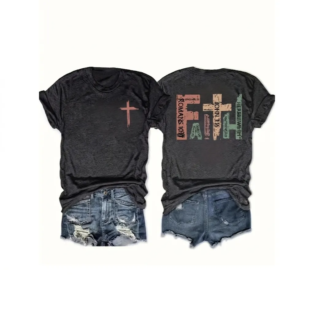 Dames Casual Katoen Ronde Hals Korte Mouw T-Shirt Vintage Faith Letter Kruis Grafische Print Losse Zomer Top Donkergrijs