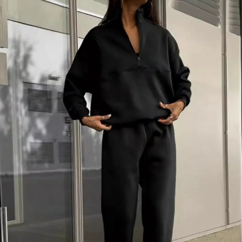 Completo Donna Casual in Poliestere Maglia E Pantaloni Mezza Cerniera Revers Felpa E Pantaloni Sportivi Tinta Unita Tuta per Autunno Inverno