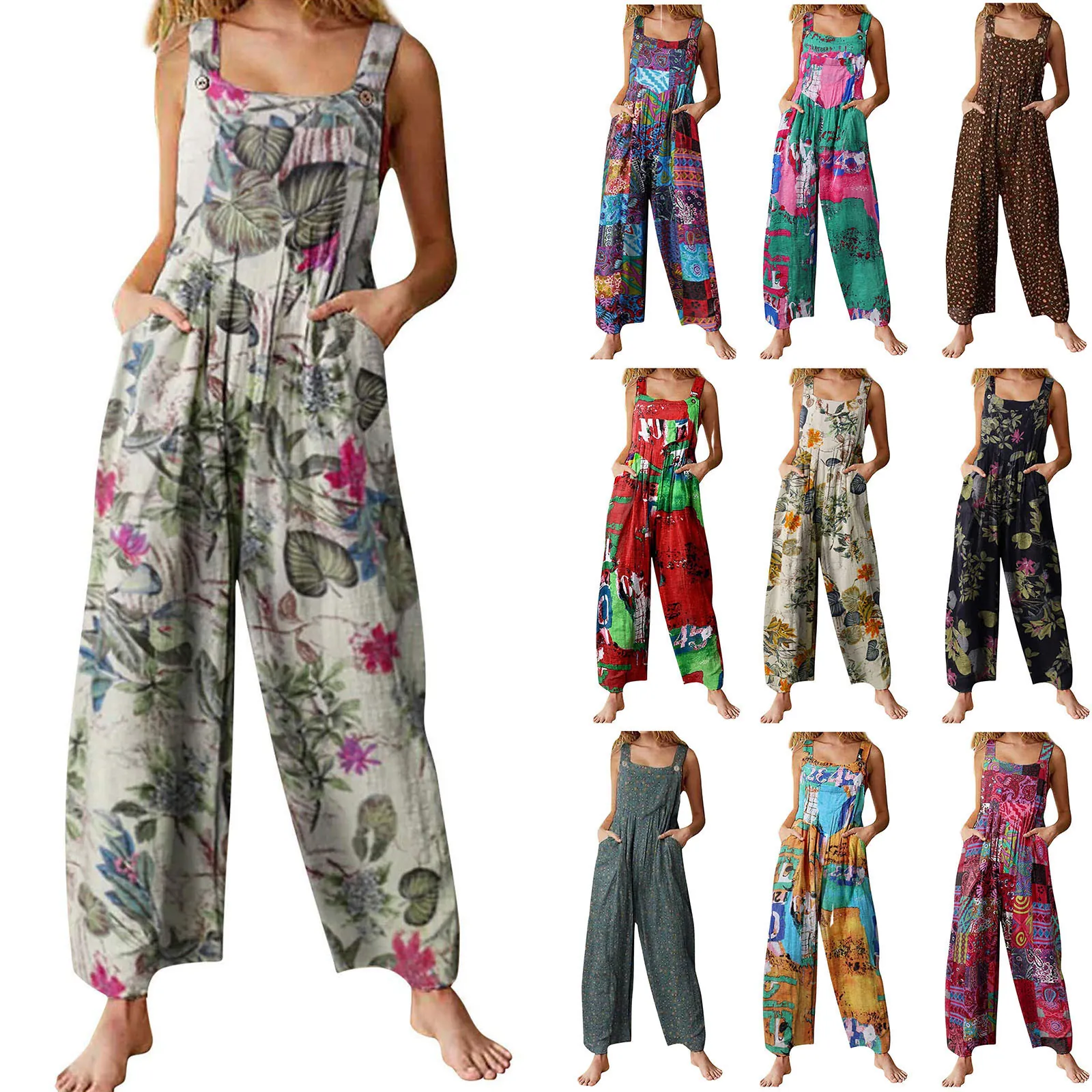 Women's Ethnic Patchwork Print Jumpsuit Vintage Bohemian Sleeveless Button Overalls Loose Wide Leg Trousers Casual Jumpsuit