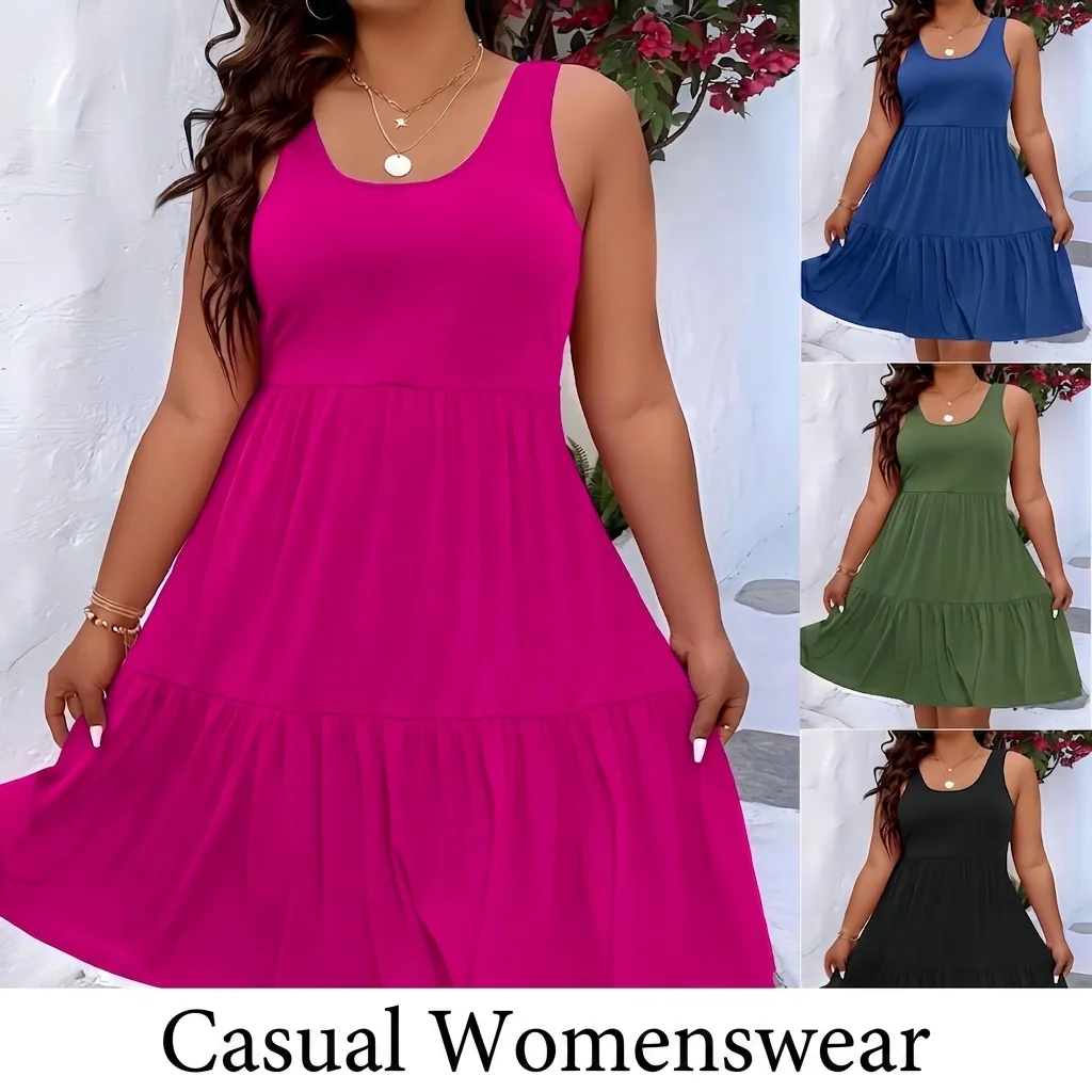 Robe Midi Grande Taille pour Femmes en Rayonne Sans Manches Col Rond Décontractée Couleur Unie Ourlet à Étages Volants