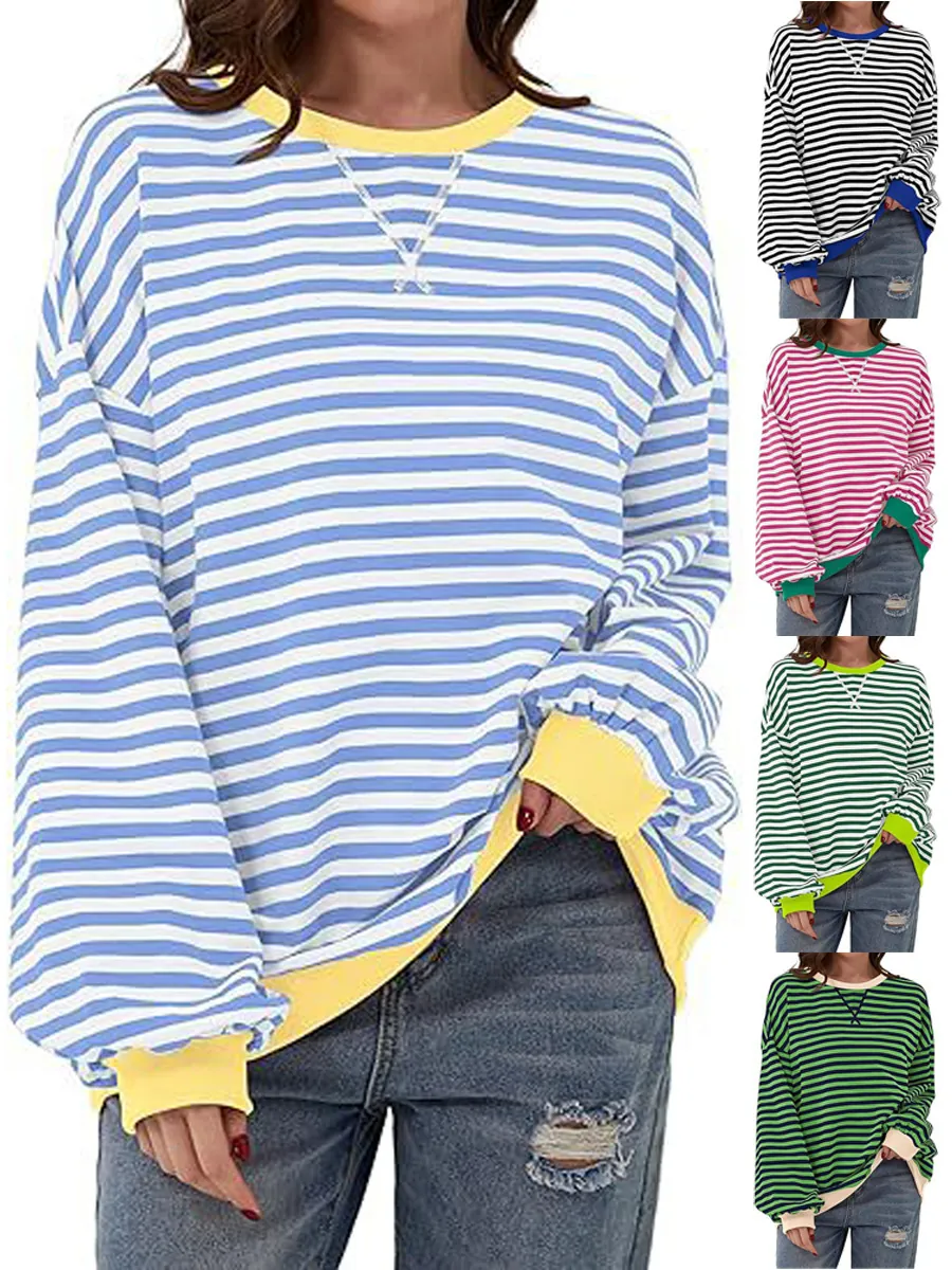 Top da Donna con Stampa a Righe Contrasto Girocollo Casual Pullover Vestibilità Larga Manica Lunga Moda Autunnale Casa