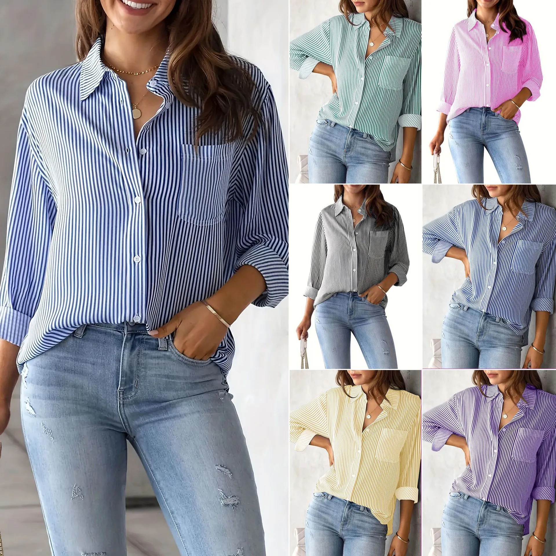Women's Casual Striped Long Sleeve Button Down Shirt Lapel Collar Loose Fit Blouse Top With Chest Pocket Polyester Woven Top